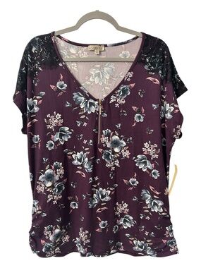 Lavish Floral Zip-Front V-Neck Lace Shoulder Blouse NWT Size 1X